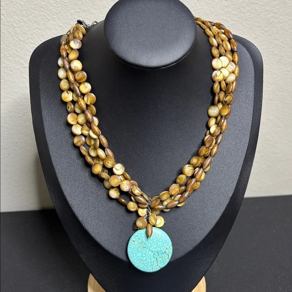 925 Stamped Closure Brown Beaded Necklace Turquoise boho Southwestern Pendant